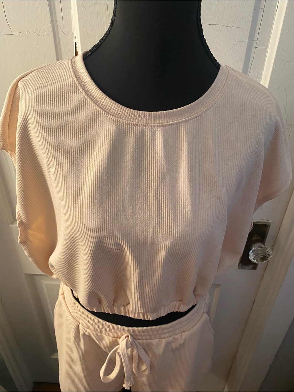 SHEIN Cream Ribbed Drawstring Shorts Set - Picture 5 of 8